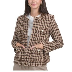 NANETTE LEPORE Fully Lined Houndstooth Boucle Tweed Blazer With Fringe Trim NWT